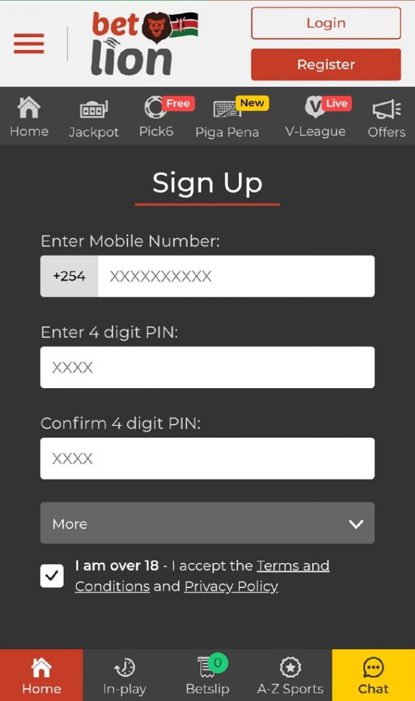 Betlion registration in app
