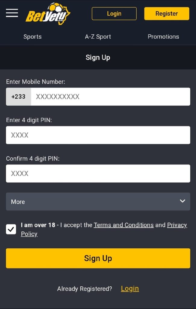 Create new account in Betyetu