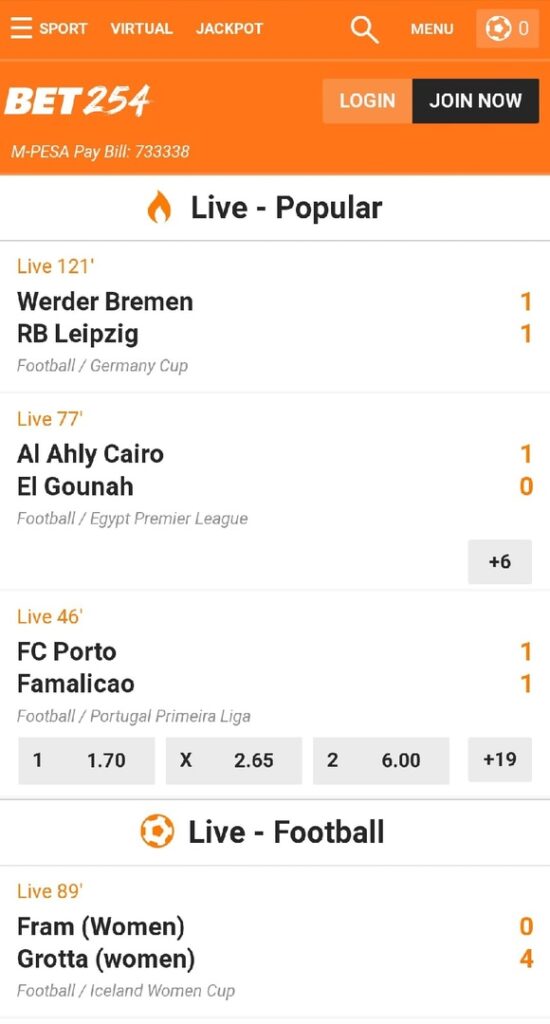 Bet254 live sports